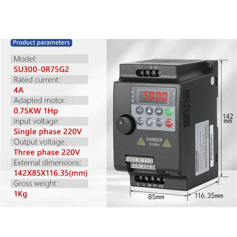 Beefy 0.75-5.5KW VFD Inverter For 220V And 380V Systems Variable Frequency Drive For Three Phase Motors Speed Controller With 0-400Hz Output 4-13A 1Ph To 3Ph Conversion Pro Grade Plug And Play, 0.75kW model SU300-0R75G2, 142x85x116.35mm