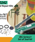 Hydraulic Repair Seal Kit For 767 BG Series Hand Pump 30242 Complete O Ring Set with hand pump and repair parts shown.