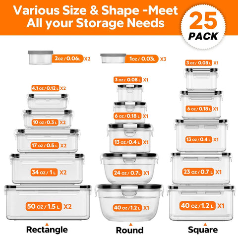 Image of 50 Piece Food Storage Set With Lids For Kitchen Organization And Meal Prep Reusable BPA Free Plastic Containers, various shapes and sizes.