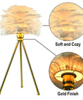 2 Pack White Feather Table Lamps With Metal Body And Gold Finish Tripod, highlighting soft feather texture and gold finish