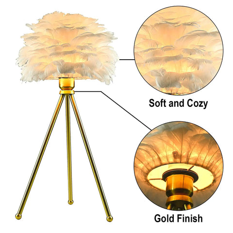 2 Pack White Feather Table Lamps With Metal Body And Gold Finish Tripod, highlighting soft feather texture and gold finish