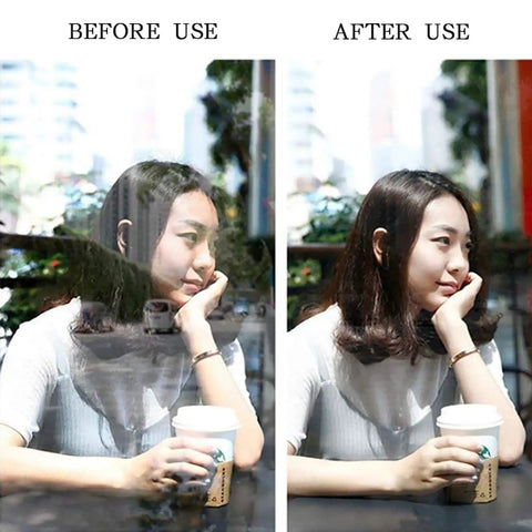Before and after use of Clip On CPL Polarized 37mm Phone Camera Lens With HD Optical Glass Anti Glare, showing glare reduction on glass.