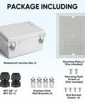 Package contents of Rugged Outdoor Waterproof IP67 Electrical Box Enclosure with hinged cover, mounting plate, wall brackets, and cable glands.
