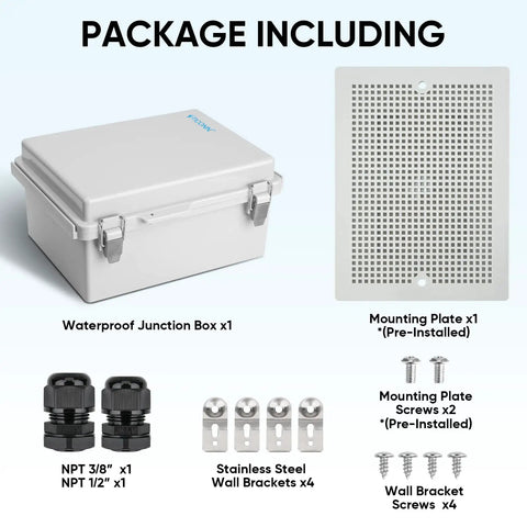 Package contents of Rugged Outdoor Waterproof IP67 Electrical Box Enclosure with hinged cover, mounting plate, wall brackets, and cable glands.