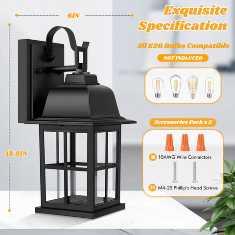 2 Pack Outdoor Wall Light Fixtures, Waterproof Aluminum Black Sconces With Cross Grid Glass, Anti Rust Exterior Lanterns