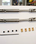 Adjustable Metal RC Drive Shaft For 1/12 Scale Crawlers, Telescoping 70mm-93mm, shows included accessories and sleeve