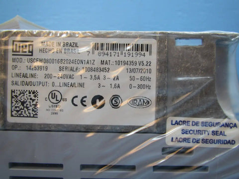 Close-up of Pro Grade 240V Inverter Drive for Motors, 0.5 HP, 1.6 Amp NIB label, showing model and serial number details.