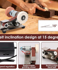 Top Shelf Mini Belt Grinder Sharpening Knife With Powerful Pure Copper Motor And Adjustable Speed Settings From 4000 To 9000 Rmin, showing 15-degree belt incline design.