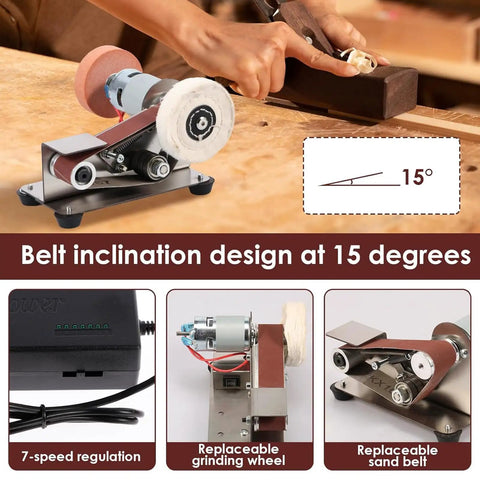 Top Shelf Mini Belt Grinder Sharpening Knife With Powerful Pure Copper Motor And Adjustable Speed Settings From 4000 To 9000 Rmin, showing 15-degree belt incline design.