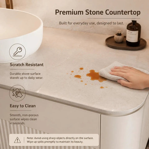 42 Inch Freestanding Single Sink Bathroom Vanity With Defogging LED Mirror Cabinet And Soft Neutral Finish For A Dope Modern Refresh That Hits Different In Your Space showing premium stone countertop being cleaned.