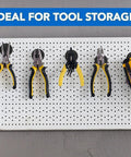 Ten Pack Neodymium Cup Magnets 150 Lb Pull With Countersunk Hole securing tools on a pegboard, heavy duty magnets for wall mounting.