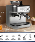 Kick Start Your Day Right With This Fully Automatic Espresso Machine, Built-In Conical Burr Grinder And Swift Milk Frother, showing dimensions and features.