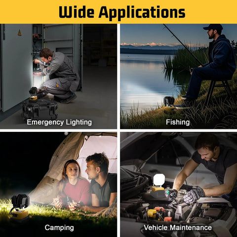 6000 Lumens Cordless LED Work Light With 40W Power And 120 Degree Adjustable Head Low Voltage Protection, shown in use during repair, fishing, camping, and maintenance