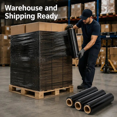 Heavy Duty Black Stretch Wrap Film 50 Cm Roll For Moving And Shipping Secure Cartons Furniture Parts With Hella Strong Self Adhesive Hold For Real Deal Users in use wrapping boxes.