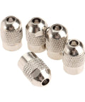 Five Piece Copper Flexible Shaft Screw Top Collet Adapter Set For M8 X 0.75 Threads showing five copper screw caps with textured grip.