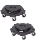 Heavy Duty Rolling Dolly Cage Base For 32 44 55 Gallon Round Barrels Twist Lock Durable Frame Tough Black Transport Cart Two Pack, showing two black plastic drum dollies.
