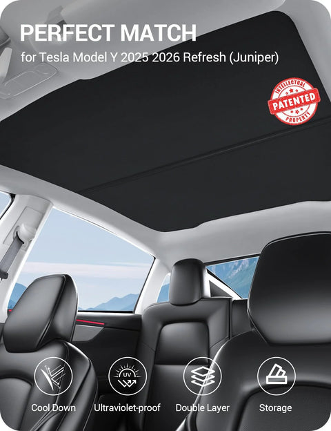 BASENOR Tesla Model Y sunshade roof for 2025–2026; Juniper Black, foldable UV-insulation, no-gap