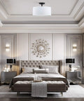 Bedroom with Fabric Drum Shade Semi Flush Mount Ceiling Light With PS Diffuser Off White Fabric Shade Black Finish 13 Inch Size