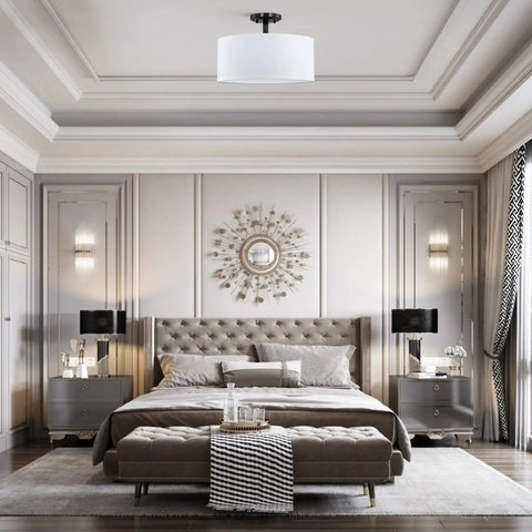 Bedroom with Fabric Drum Shade Semi Flush Mount Ceiling Light With PS Diffuser Off White Fabric Shade Black Finish 13 Inch Size