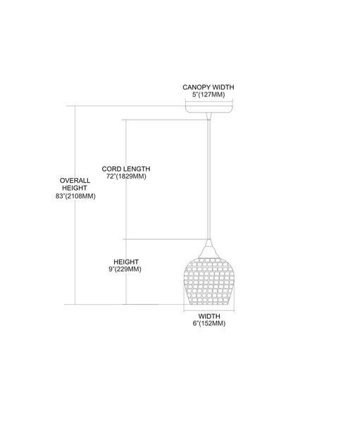 Diagram of Fusion Mini Pendant Light With Satin Nickel Finish And Silver Mosaic Glass dimensions
