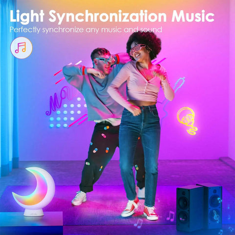 Smart Moon Table Lamp With Touch Control And Bluetooth App Control 20 Plus Scene Modes shown with music sync and dancing people