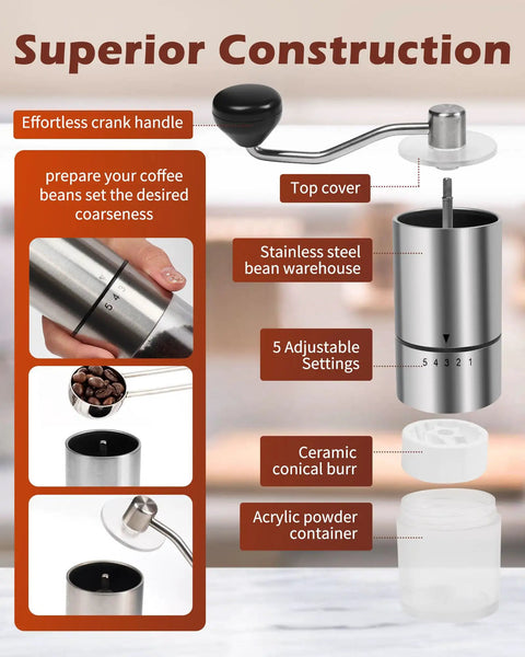Manual Coffee Grinder With Ceramic Burrs For Espresso And French Press, Five Adjustable Settings, Hand Crank, Built In Burr, Durable Stainless Steel, Portable For Home Use And Camping Travel, Fresh Ground Coffee Every Morning displayed with labels highlighting features such as effortless crank handle and ceramic conical burr.