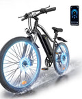 Powerful 750W Electric Bike For Adults, City Cruiser with 26 inch tires, shown with illuminated wheels and smartphone display.