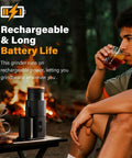Game Changer Burr Coffee Grinder With Single Dose Design And Super Quiet Dc Motor Dishing Up Eighty Solid Grind Adjustments For Espresso Cold Brew And French Press Right At Home, rechargeable grinder in outdoor setting.
