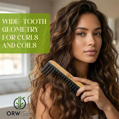 Wide Tooth Bamboo Detangling Comb for Curly Hair Smooth Easy Glide Snag Free Detangling Wet or Dry Hair Thick Coily Textured Styles Eco Friendly Durable Hair Care Tool, 5.78in