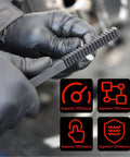 Three-piece metal thread restorer file set held by gloved hand; for external bolts and screws