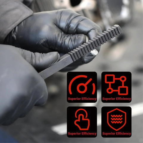 Three-piece metal thread restorer file set held by gloved hand; for external bolts and screws