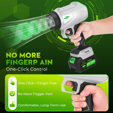 Cordless Leaf Blower With Dual Battery System And Charger, One-Touch Hands-Free Lock for Airflow demonstration in hand