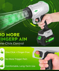 Cordless Leaf Blower With Battery And Charger Delivers Ultra High Wind Speed Up To 65 Meters Per Second 395 CFM And 1000G Airflow for fast patio driveway and lawn cleanup lightweight handheld with extended nozzle for blowing leaves dust beast power shown in use with one-click control.