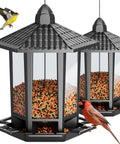 Two Pack Outdoor Hanging Bird Feeders With Retro Pagoda Design, Easy One Minute Assembly, Attracts Chickadees Goldfinches Cardinals Finches And Sparrows, Durable Backyard Bird Feeder Set For Your Garden And Patio, black pagoda feeders with birds.