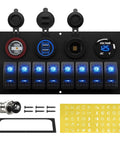 Beefy 8 Gang 12V Marine Boat Switch Panel Waterproof with Blue LED Lights, dual lighter sockets, and anodized aluminum plate