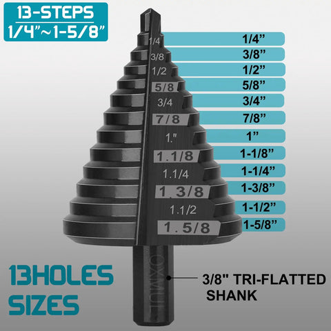 Pro Grade Step Drill Bit Set for Steel and Metal with M35 Cobalt 13 Step Holes One and Five Eighths Inch Two Straight Flutes