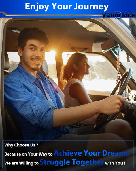 Man and woman smiling while sitting in a car at sunset with motivational text overlay.