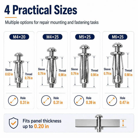 Heavy Duty Expansion Screw Petal Nut Button Rivet Locking Fastener sizes M4, M5, M6 illustrated for sheet metal use.