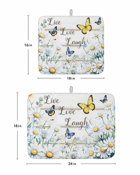 Pastoral Daisy And Butterfly Dish Drying Mat For Kitchen White Wood Grain Absorbent Counter Pad Soft Polyester For Dishes Utensils Pots And Camping 18 By 24 Inches with floral design and butterfly illustrations, available in two sizes