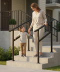 Heavy Duty Two Pack Galvanized Steel Handrails For Outdoor Steps with a woman and child on steps, showcasing black round safety rails.