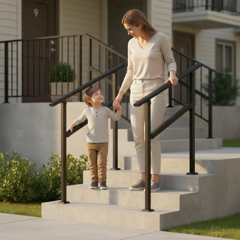 Heavy Duty Two Pack Galvanized Steel Handrails For Outdoor Steps with a woman and child on steps, showcasing black round safety rails.