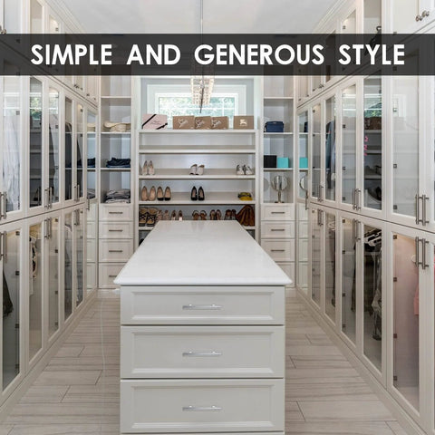 Spacious modern closet with white cabinets featuring 50 Pack 6 Inch Brushed Stainless Steel Cabinet Pulls With Three And Three Quarters Inches Center To Center Spacing Includes 100 Screws For Easy Replacement Of Kitchen Drawers And Cabinet Doors.