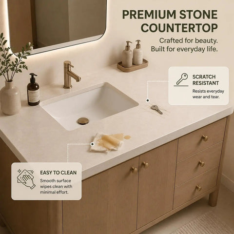 Premium stone countertop on Modern 66 Inch Freestanding Bathroom Vanity Single Sink With Dedicated Makeup Station.