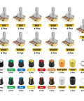 128 Piece Potentiometer Kit For DIY Audio Builds Includes 15mm Linear Pots In 1K 2K 5K 10K 20K 50K 100K 200K 250K 500K And 1M Plum Knob Caps Aluminum Alloy Knobs Nuts And Washers For Easy Tone Control Builds shown with assorted knobs and components.