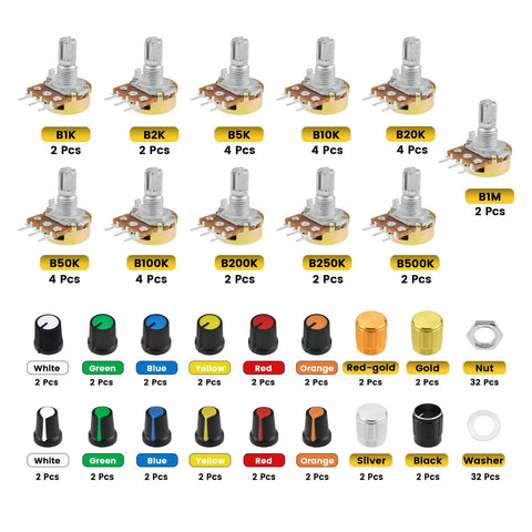 128 Piece Potentiometer Kit For DIY Audio Builds Includes 15mm Linear Pots In 1K 2K 5K 10K 20K 50K 100K 200K 250K 500K And 1M Plum Knob Caps Aluminum Alloy Knobs Nuts And Washers For Easy Tone Control Builds shown with assorted knobs and components.