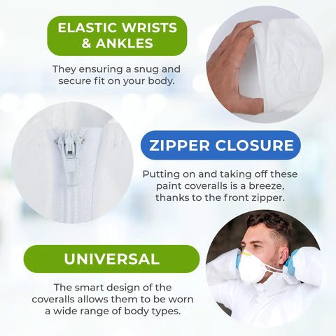 White Disposable Coveralls With Hood For Men And Women Pack Of 5 Microporous Lab Painter Hazmat Suits With Storm Flap Zipper 60 GSM Large Durable Go To Workwear Dust Proof Chemical Resistant Protection For Work, elastic wrists and ankles