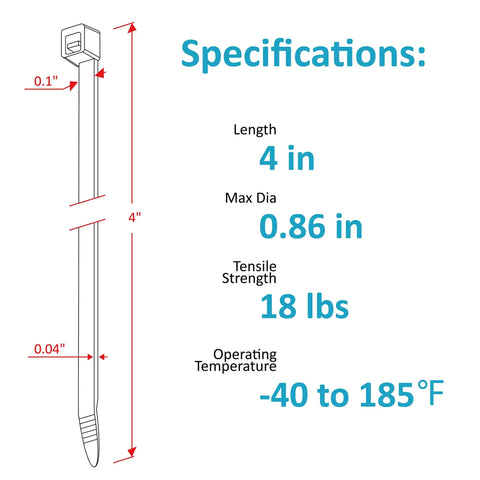 Specifications diagram of 4 Inch Zip Ties 200 Pack With 18 Lb Tensile Strength Black UV Resistant Small Cable Ties for various projects.