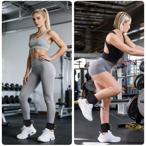 Two women in gym outfits using Pro Level Ankle Strap For Cable Machine With Thick Breathable Padding for leg exercises.