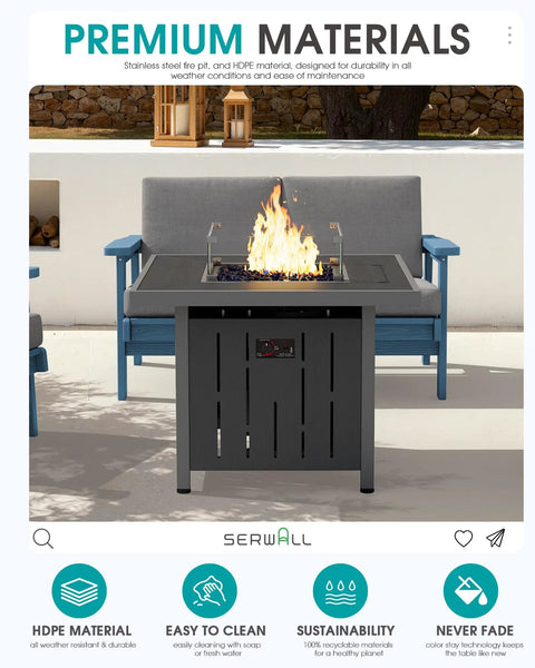 33 Inch Outdoor Propane Fire Pit Table With 50,000 BTU, Lid, Glass Wind Guard, Fire Glass, And HDPE Patio Furniture shown on patio