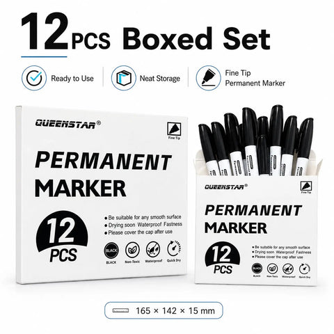Black Permanent Markers 12 Pack Quick Dry Waterproof Ink For Office School Warehouse And Any Surface Like Plastic Metal Wood Glass Tiles And Fabric Stays Put Smudge Resistant Bold Marks Last Through Water Fading And Everyday Wear. 12-piece boxed set